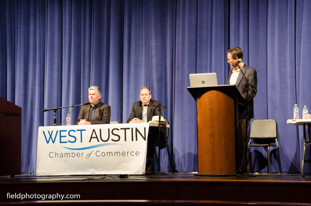 District 6 City Council incumbent Don Zimmerman faced challenger Jimmy Flannigan at a public forum Sept. 21 at Vandegrift. They shared their thoughts on the “Road to Vandegrift” as well as the potential annexation of Steiner Ranch by the city of Austin. Steiner resident Paul O’Brien served as the moderator