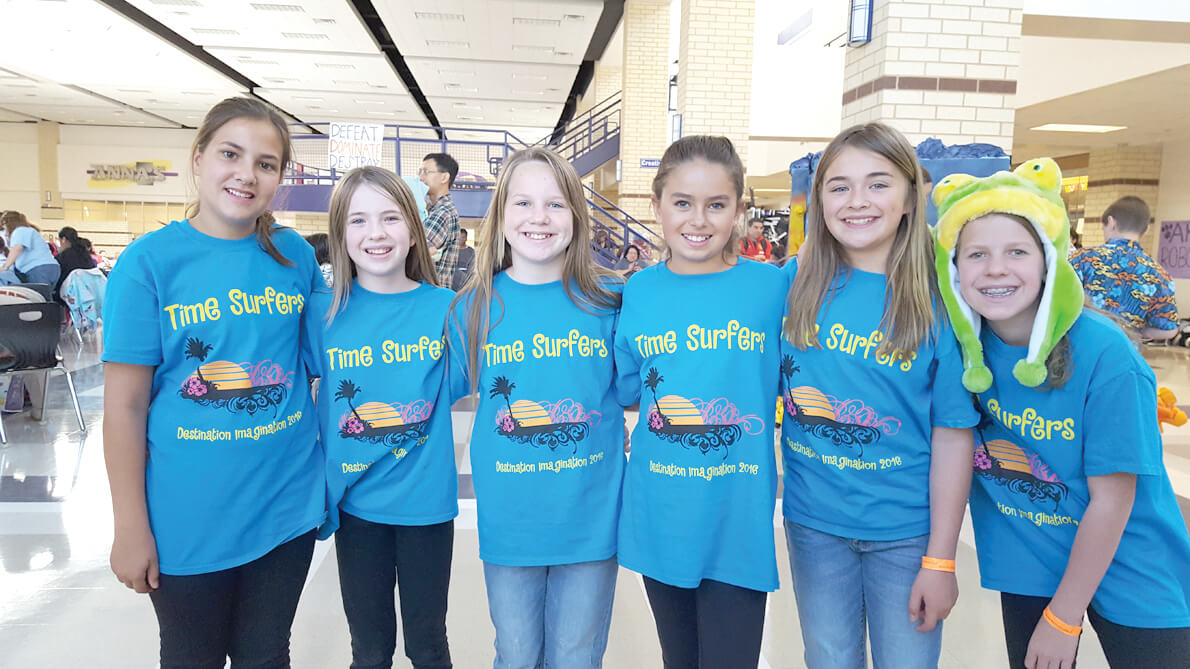 The Laura Welch Bush Elementary Destination Imagination team placed 12th at Globlas. The LWBE team, the Time Surfers, was made up of Summer Nielson, Kelsey Simmons, Sarah Hildebrand, AnnMarie Baxter, Taylor Vitek and Ginger Leftwich. The team is managed by Scott and Heather Nielson.