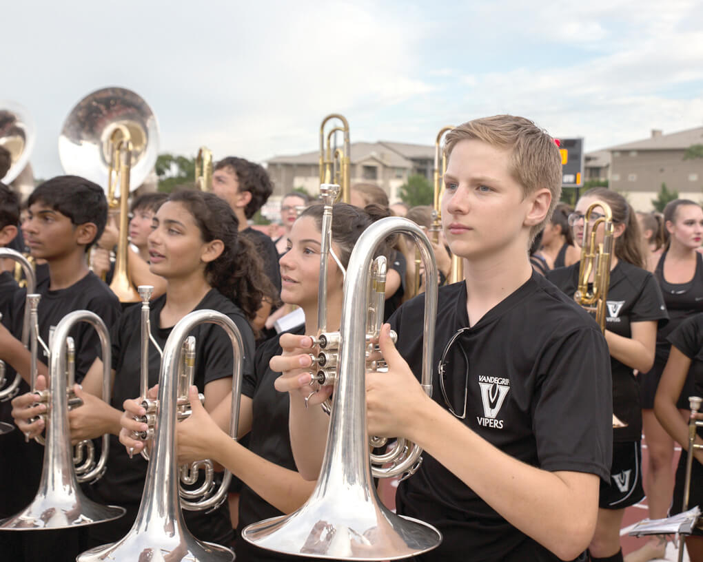 The Vandegrift Viper Band prepares to perform during a high school football game between the Vandegrift Vipers and the Permian Panthers at Monroe Stadium in Austin, Texas, on August 26, 2016