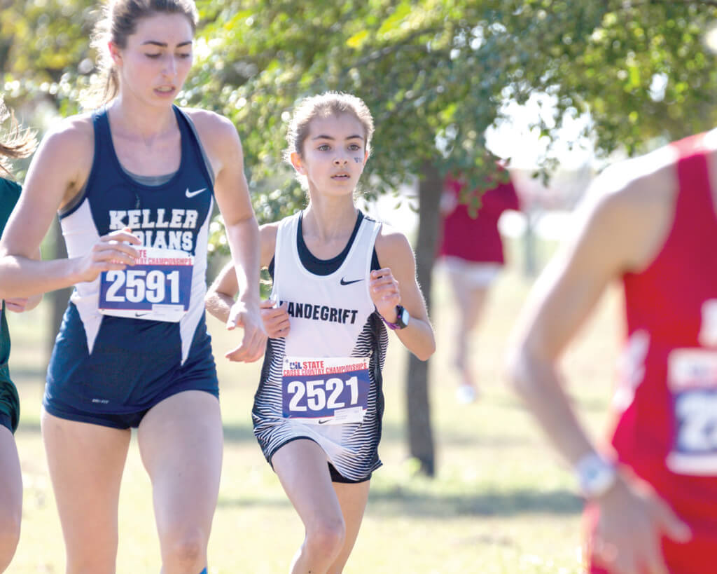 Allison Mopsik of Vandegrift High School runs in the Girls Class 6A UIL Cross Country State Championships at Old Settlers Park in Round Rock, Texas, on November 12, 2016.