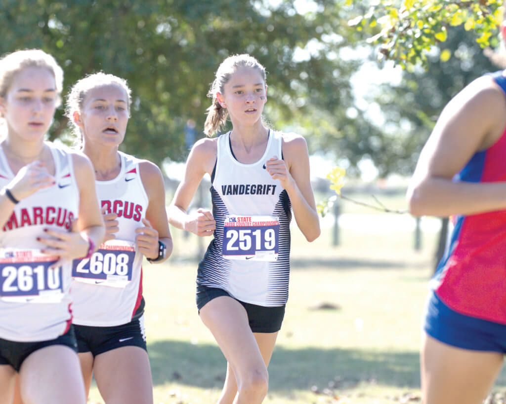 Jordan Mathis of Vandegrift High School runs in the Girls Class 6A UIL Cross Country State Championships at Old Settlers Park in Round Rock, Texas, on November 12, 2016.