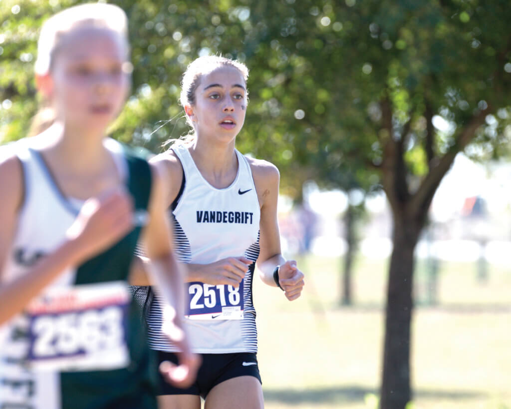 Natalie Goddard of Vandegrift High School runs in the Girls Class 6A UIL Cross Country State Championships at Old Settlers Park in Round Rock, Texas, on November 12, 2016.