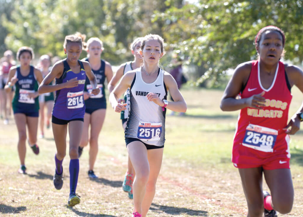 Margaret Wells of Vandegrift High School runs in the Girls Class 6A UIL Cross Country State Championships at Old Settlers Park in Round Rock, Texas, on November 12, 2016.