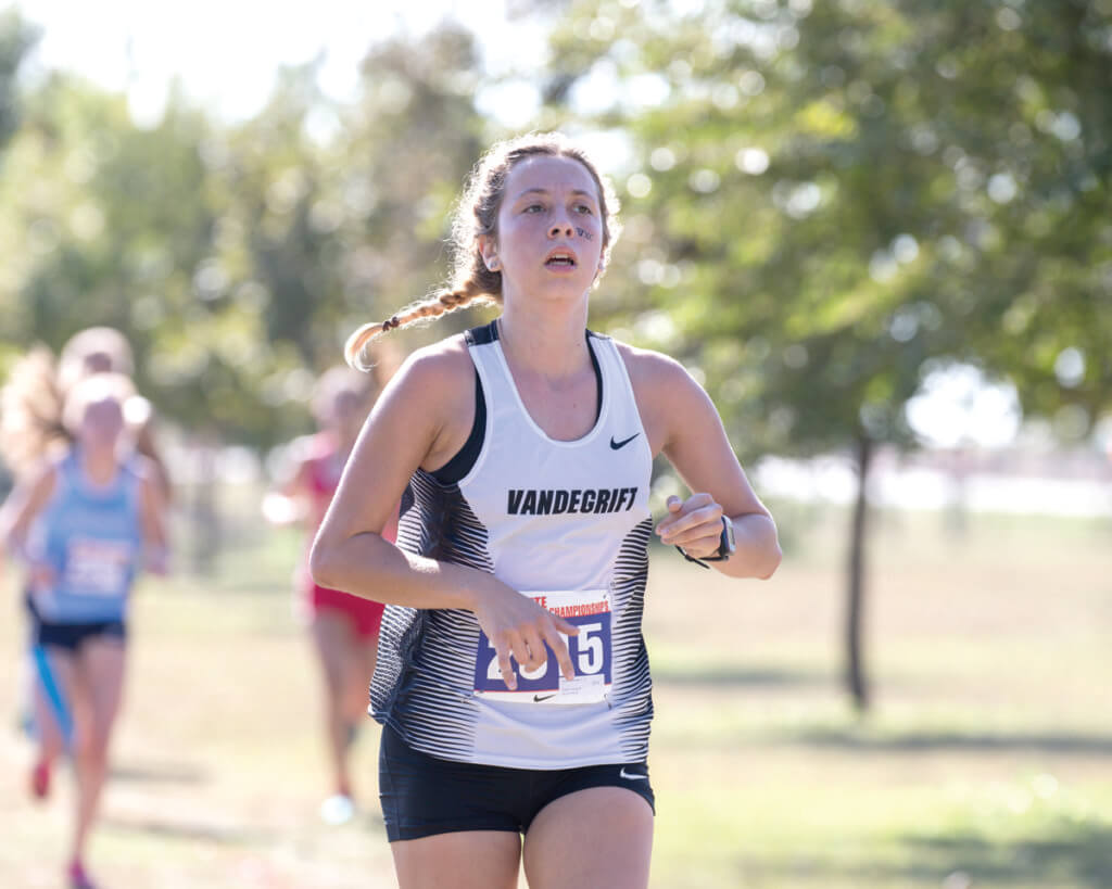 Vanessa Budde of Vandegrift High School runs in the Girls Class 6A UIL Cross Country State Championships at Old Settlers Park in Round Rock, Texas, on November 12, 2016.