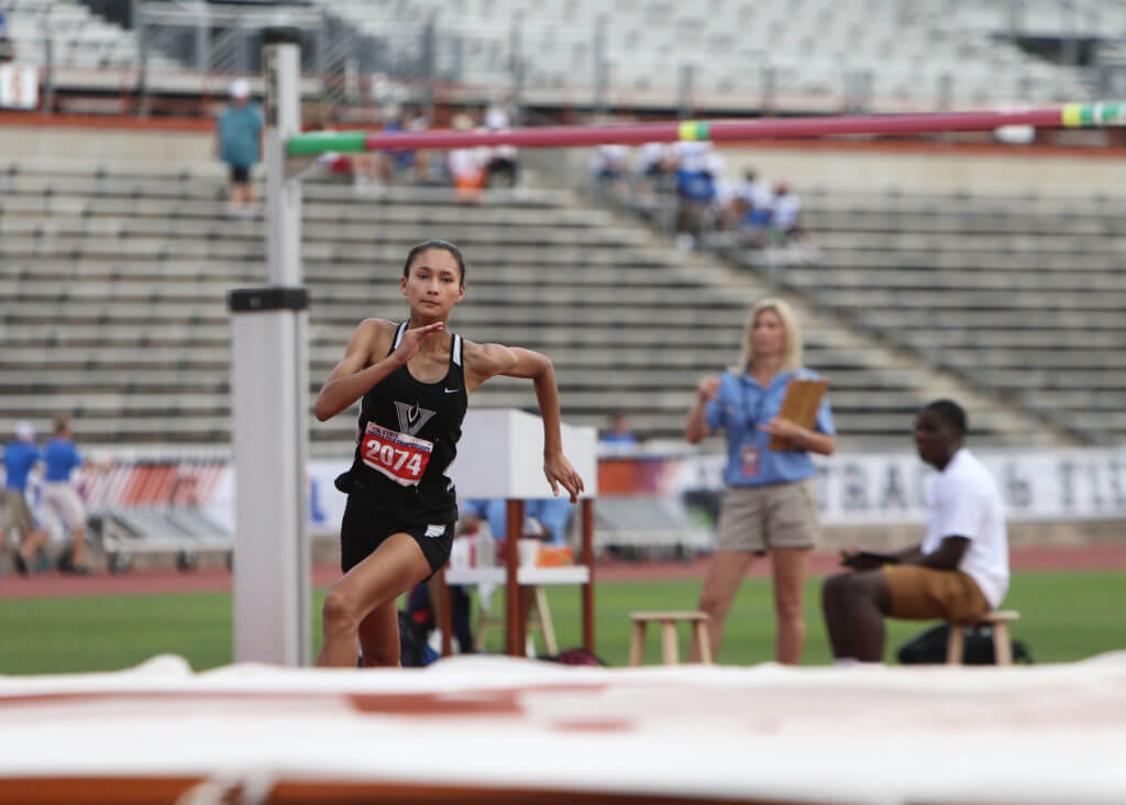 Kyla Peeples of Vandegrift High School runs in the Class 5A girls high jump event at the 2016 UIL State Track and Field Meet on Friday, May 13, 2016 at Mike A. Myers Stadium in Austin. Peeples finished sixth with a jump of 5 ft 4 inches.