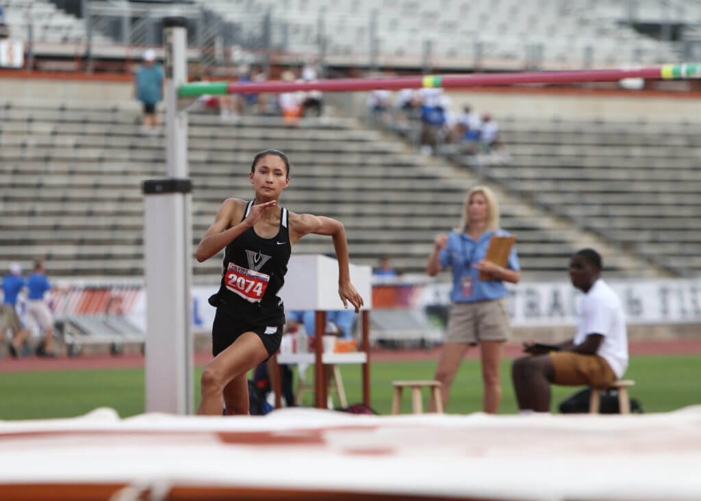 Kyla Peeples of Vandegrift High School runs in the Class 5A girls high jump event at the 2016 UIL State Track and Field Meet on Friday, May 13, 2016 at Mike A. Myers Stadium in Austin. Peeples finished sixth with a jump of 5 ft 4 inches.