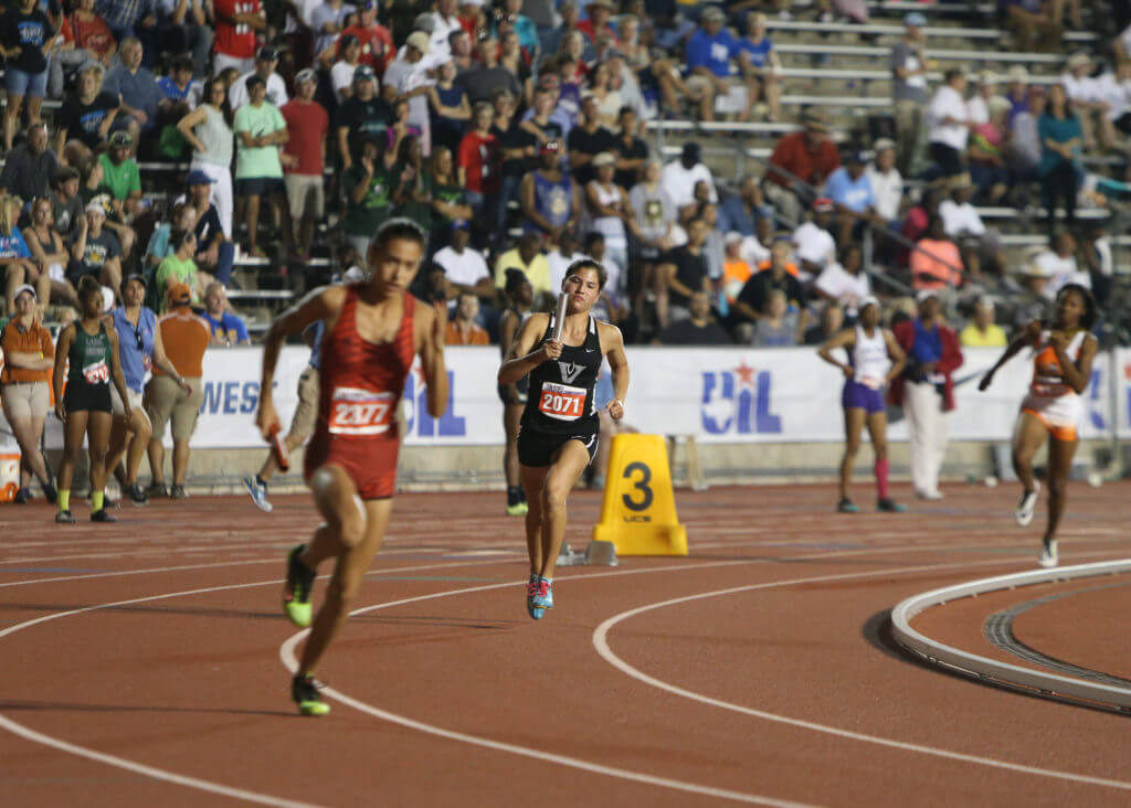 Taylor Grikis of Vandegrift High School runs a leg of the Class 5A girls 1600-meter relay at the 2016 UIL State Track and Field Meet on Friday, May 13, 2016 at Mike A. Myers Stadium in Austin. Vandegrift's team finished seventh with a time of 3:56.85.