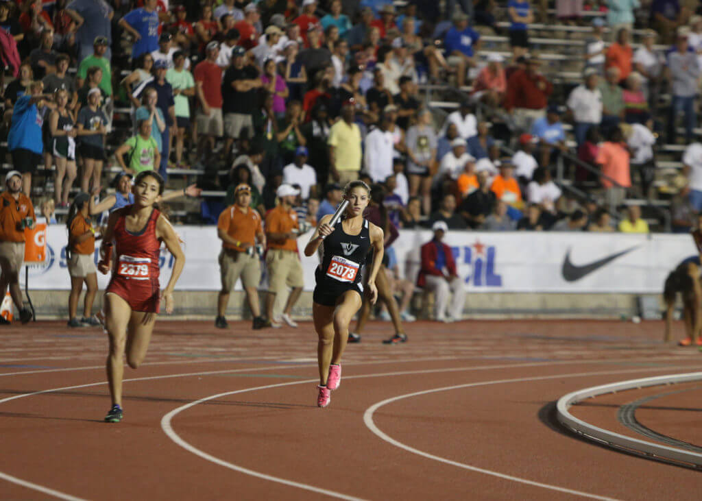 Emi McCollum of Vandegrift High School runs a leg of the Class 5A girls 1600-meter relay at the 2016 UIL State Track and Field Meet on Friday, May 13, 2016 at Mike A. Myers Stadium in Austin. Vandegrift's team finished seventh with a time of 3:56.85.