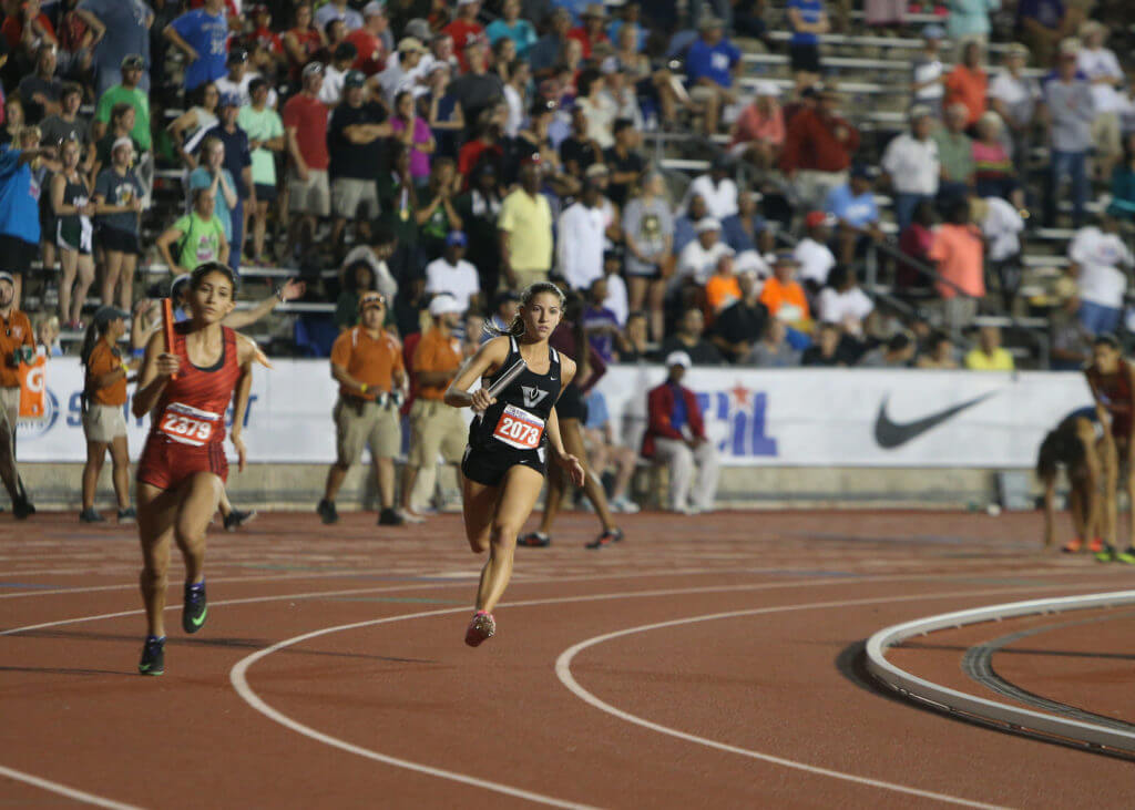 Emi McCollum of Vandegrift High School runs a leg of the Class 5A girls 1600-meter relay at the 2016 UIL State Track and Field Meet on Friday, May 13, 2016 at Mike A. Myers Stadium in Austin. Vandegrift's team finished seventh with a time of 3:56.85.