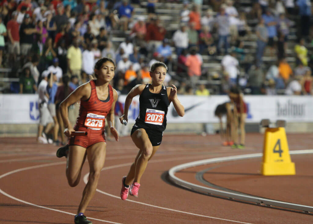 Emi McCollum of Vandegrift High School runs a leg of the Class 5A girls 1600-meter relay at the 2016 UIL State Track and Field Meet on Friday, May 13, 2016 at Mike A. Myers Stadium in Austin. Vandegrift's team finished seventh with a time of 3:56.85.