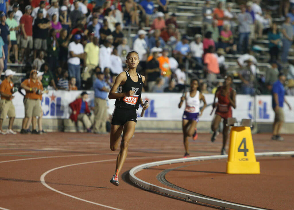 Kyla Peeples of Vandegrift High School runs a leg of the Class 5A girls 1600-meter relay at the 2016 UIL State Track and Field Meet on Friday, May 13, 2016 at Mike A. Myers Stadium in Austin. Vandegrift's team finished seventh with a time of 3:56.85.
