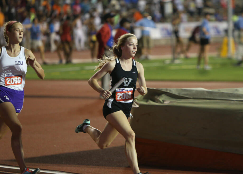 Adeline Carter of Vandegrift High School runs a leg of the Class 5A girls 1600-meter relay at the 2016 UIL State Track and Field Meet on Friday, May 13, 2016 at Mike A. Myers Stadium in Austin. Vandegrift's team finished seventh with a time of 3:56.85.