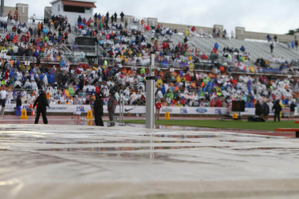 Fans return to the bleachers after a nearly six-hour weather delay at the 2016 UIL State Track and Field Meet on Saturday, May 14, 2016 at Mike A. Myers Stadium on the campus of the University of Texas in Austin, Texas.