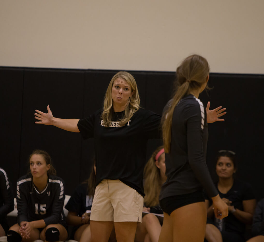 Vandegrift Vipers head coach Kelly McCarter during a high school volleyball game between the Vandegrift Vipers and the Sanger Indians at Westwood High School in Austin, Texas on August 11, 2016.