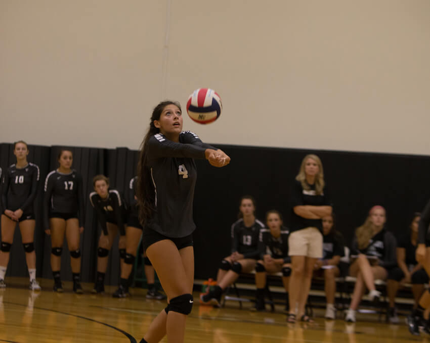 Vandegrift Vipers senior outside hitter Katarina Mendez (4) in action during a high school volleyball game between the Vandegrift Vipers and the Sanger Indians at Westwood High School in Austin, Texas on August 11, 2016.