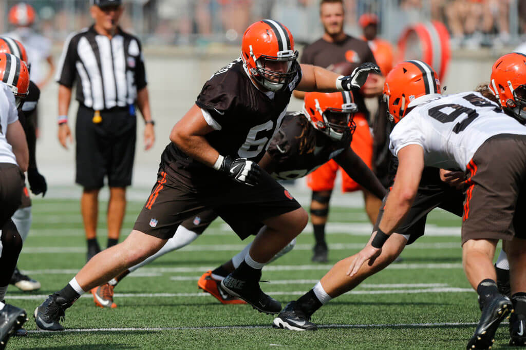 Cleveland Browns offensive guard Spencer Drango plays in their orange and brown scrimmage at the NFL football team's training camp Saturday, Aug. 6, 2016, in Columbus, Ohio. (AP Photo/Jay LaPrete)
