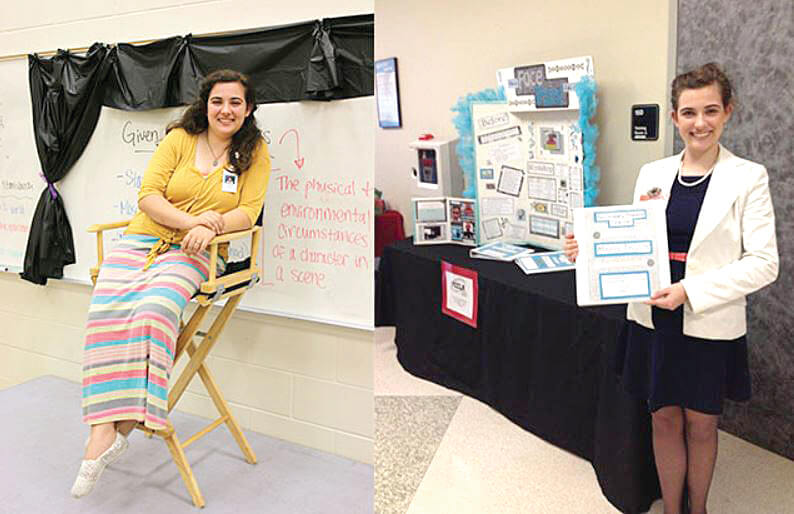 (left) Four Points Middle School first-year teacher Maria Taylor sits in front of her classroom before her students arrive. (right) Taylor presents her Ready, Set, Teach board to the school board during her senior year at Vandegrift.