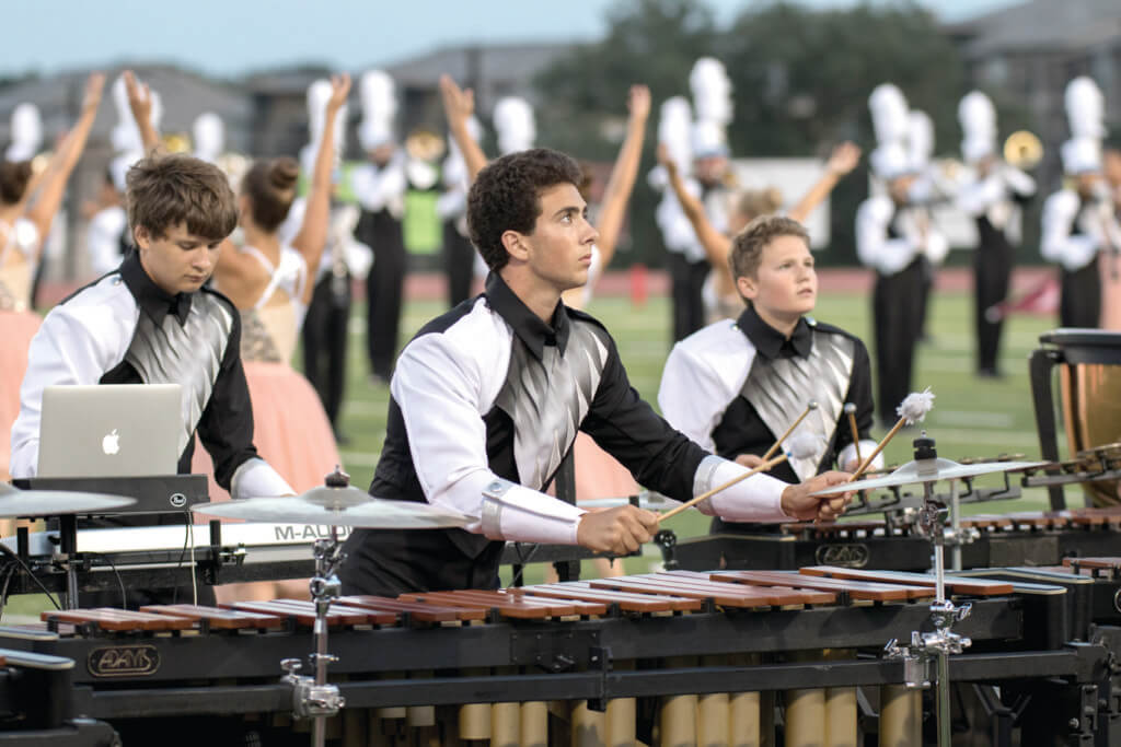 The Vandegrift High School band and Vision dance team performs before the start of a high school football game between the Vandegrift Vipers and the Leander Lions at Monroe Stadium in Austin, Texas, on October 7, 2016.