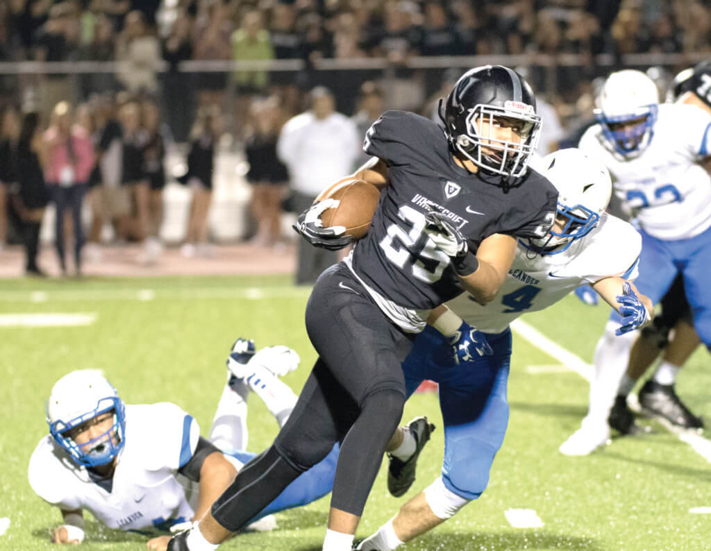 Vandegrift Vipers senior running back Clayton Austin (25) carries the ball during the first half of a high school football game between the Vandegrift Vipers and the Leander Lions at Monroe Stadium in Austin, Texas, on October 7, 2016.