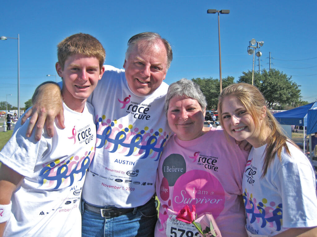From left, Mark, Andy, Laurie and Meagan Giles at a previous Pink Out event before Laurie's death from breast cancer in 2011.
