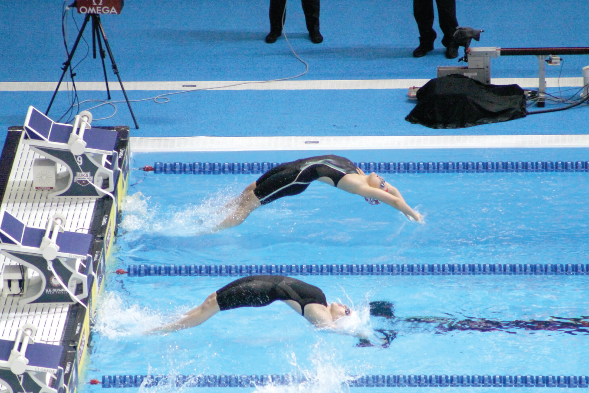 Steiner swimmer Kendall Shields, in the top lane, competed in the U.S. Olympic Trials recently in two events, the women’s 100 and 200 meter backstroke. 