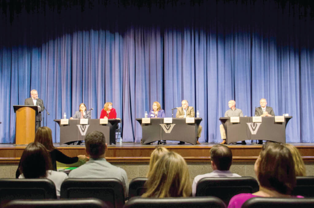 Six candidates squared off for three open seats on the Leander ISD Board of Trustees at a candidate forum on Oct. 24. From left to right, candidates Chris Remy, Pam Waggoner, Grace Barber-Jordan, Scott Rowe, Jim MacKay and Russell Bundy discuss issues affecting the district. 