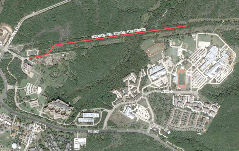 The red line shows the proposed “Road to Vandegrift”. In the past, 3M has verbally agreed to work with LISD in constructing the road through a small section of 3M’s property to access the BCCP infrastructure corridor and then Vandegrift and Four Points campuses,” said Jimmy Disler, senior executive director of facilities and operations for LISD. 
