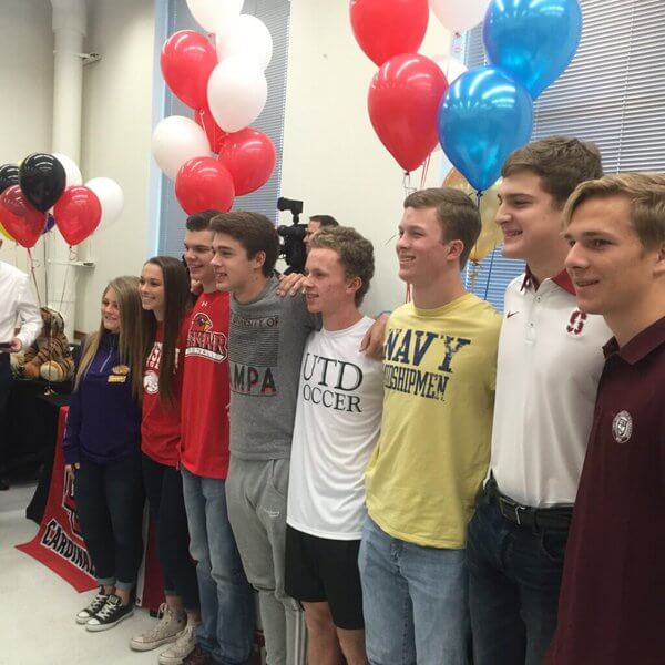 Courtesy photo of all eight Vandegrift signees: Boys’ Soccer: Sam Drablos, University of Chicago, Curran Kelly, University of Texas at Dallas, Austin Morrow, University of Tampa, Girls Soccer: Lauren Holtzclaw, University of Houston, Kylie Sharp, Ouachita Baptist University, Football: Garrison Spring, Lamar University, Travis Brannan, Navy, and Paxton Segina, Stanford.
