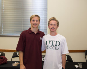 Vandegrift High School senior soccer players Sam Drablos (L) and Curran Kelly pose for a photo on National Signing Day, Feb. 3, 2016. Drablos signed to attend the University of Chicago and Kelly will attend the University of Texas at Dallas.