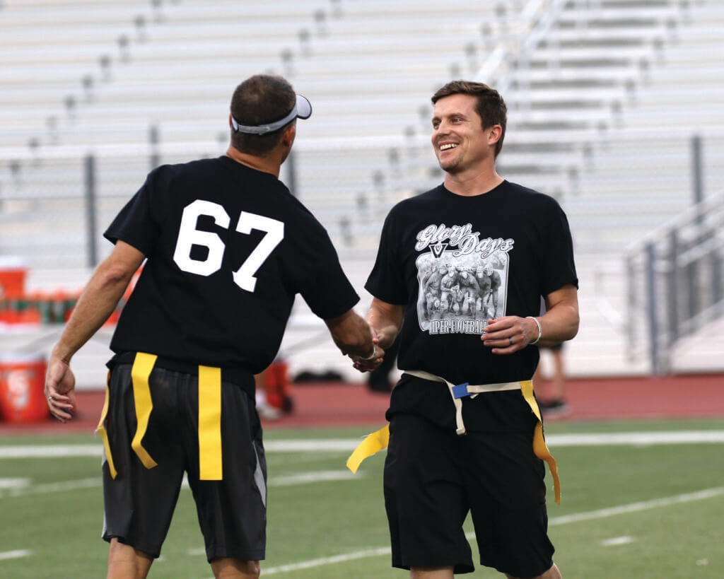 A group of Vandegrift parents participated in the school's annual Glory Days alumni game during halftime of the spring football game at Monroe Stadium on Thursday, May 26, 2016.