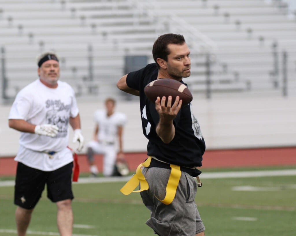 A group of Vandegrift parents participated in the school's annual Glory Days alumni game during halftime of the spring football game at Monroe Stadium on Thursday, May 26, 2016.